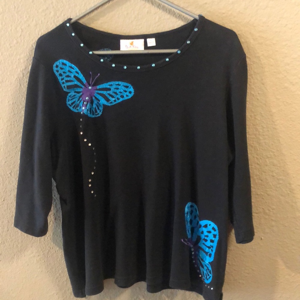 - Quacker Factory Butterfly Away 3/4 Sleeve T Shirt in Size 1X